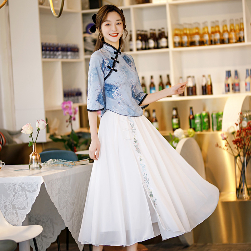 2025 Cheongsam Hanfu Two-Piece Set Chiffon Chinese Style Stand Collar Dress National Style Print Artistic Retro Style