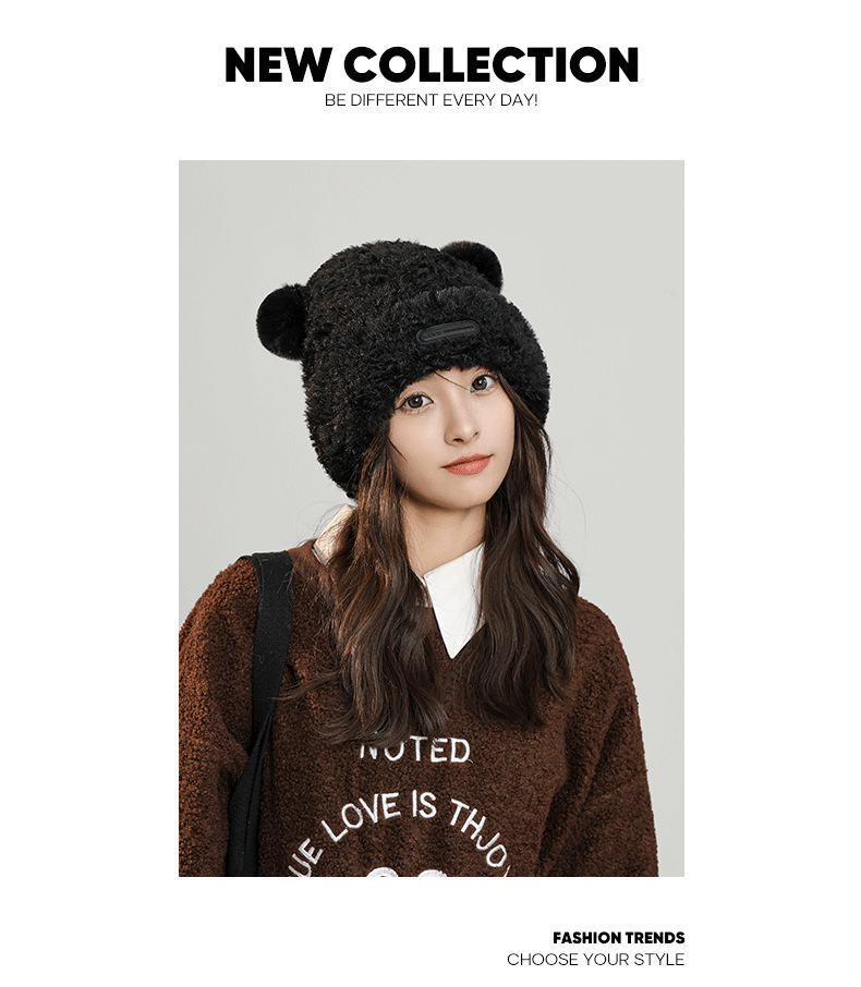 Herbst- und Wintermützen für Damen, süße Fleece-Wintermütze, verdickter warmer Gesichtshut, kleine kältebeständige Plüsch-Strickmütze aus Wolle_voghion.com