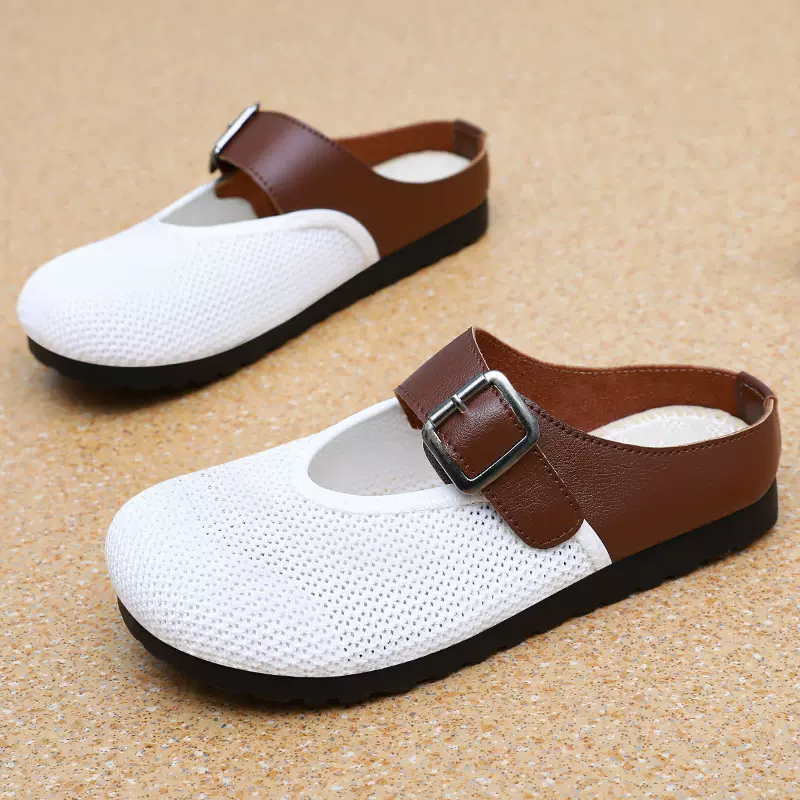 夏季新款包头半拖鞋飞织网面平底鞋透气百搭复古凉鞋软底女鞋单鞋