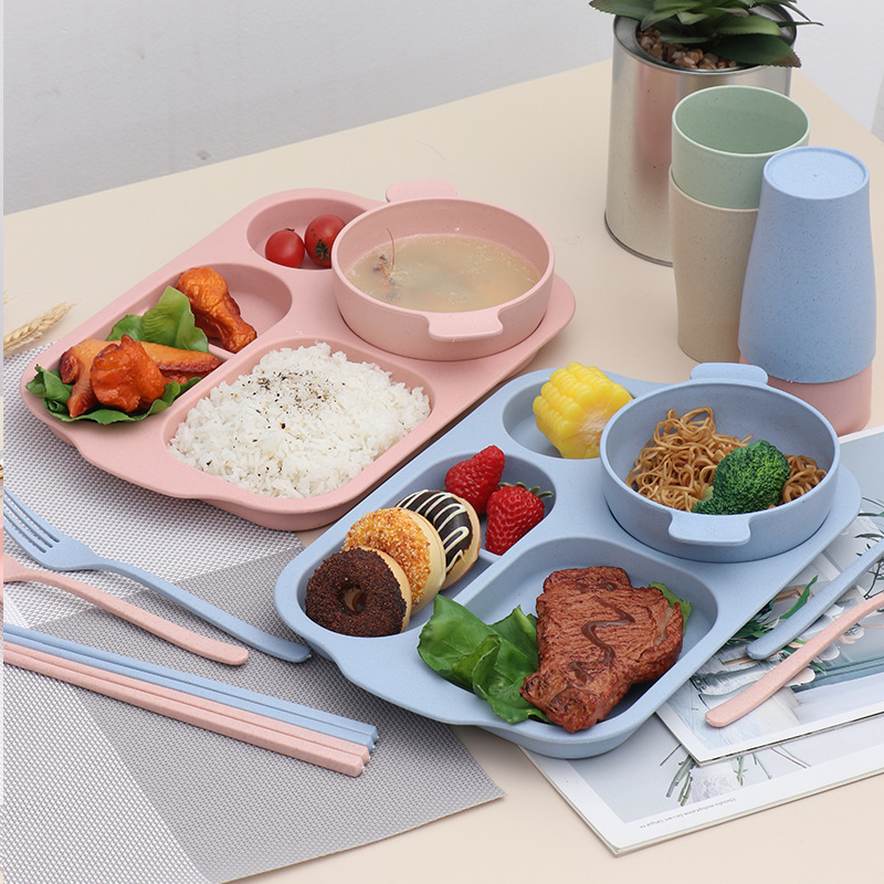 Creative Wheat Straw Tableware Six-piece Set Household Student Dielectric Dinner Plate Children's Bowl Cup Chopsticks Spoon Fork Set logo