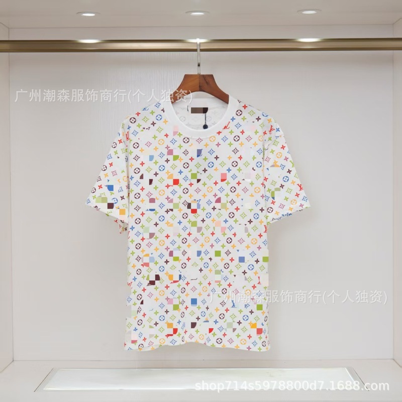 现货跨境奢潮驴家高品质L满印字母短袖外贸经典款圆领男女宽松T恤|undefined