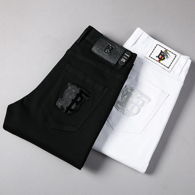 春夏新款男士商務休閑褲白色黑色韓版潮流刺繡牛仔褲修身小腳透氣