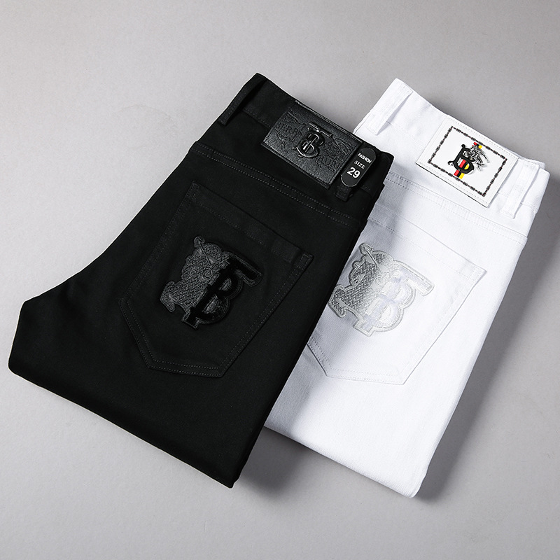 春夏新款男士商務休閑褲白色黑色韓版潮流刺繡牛仔褲修身小腳透氣