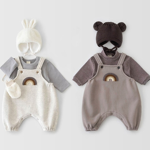 Korean style ins baby toddler onesie two-piece set baby cute rainbow suspenders pants round neck undershirt cotton suit 