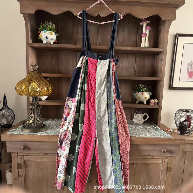 Taste Space Japanese Vintage Color-Blocking Atmosphere Patchwork Small Floral Strap Retro Layered Wide-Leg Jumpsuit