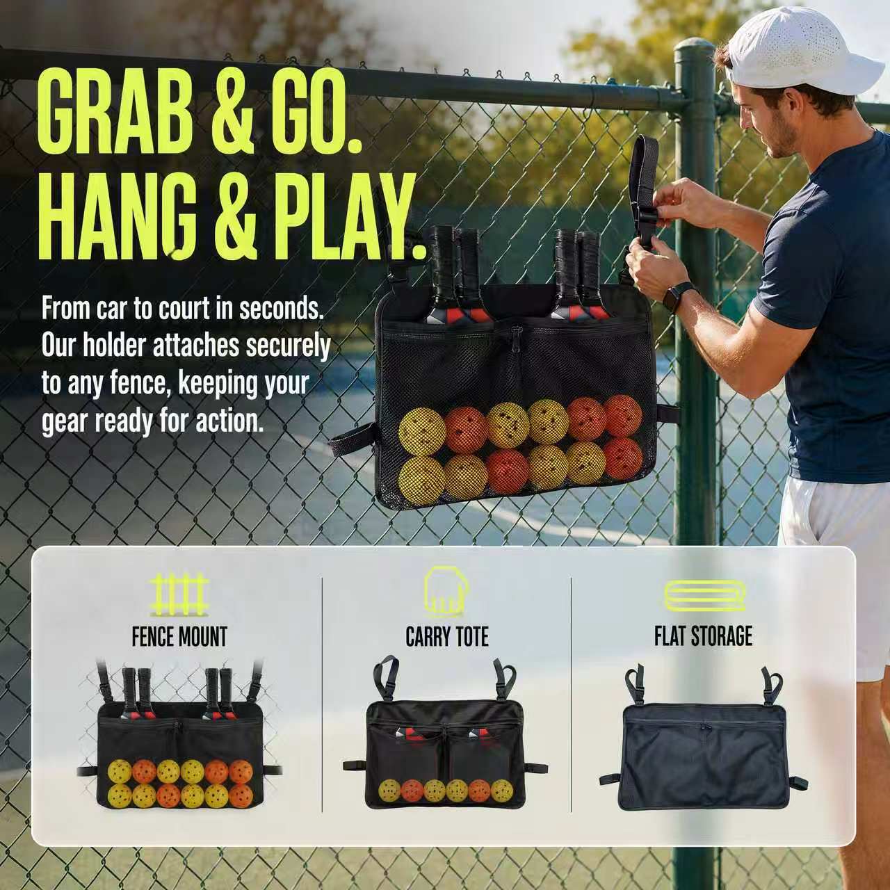 New pickleball bag, multi-functional storage bag, tennis racket and ball bag, mesh portable hanging bag, capacity for 4 rackets and 12 balls