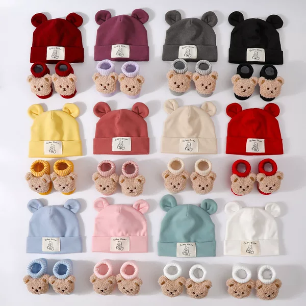 2025 Baby Rabbit Ears Soft Cap+Knitted Socks Doll Bear Set Baby Hat Turban Cap Newborn
