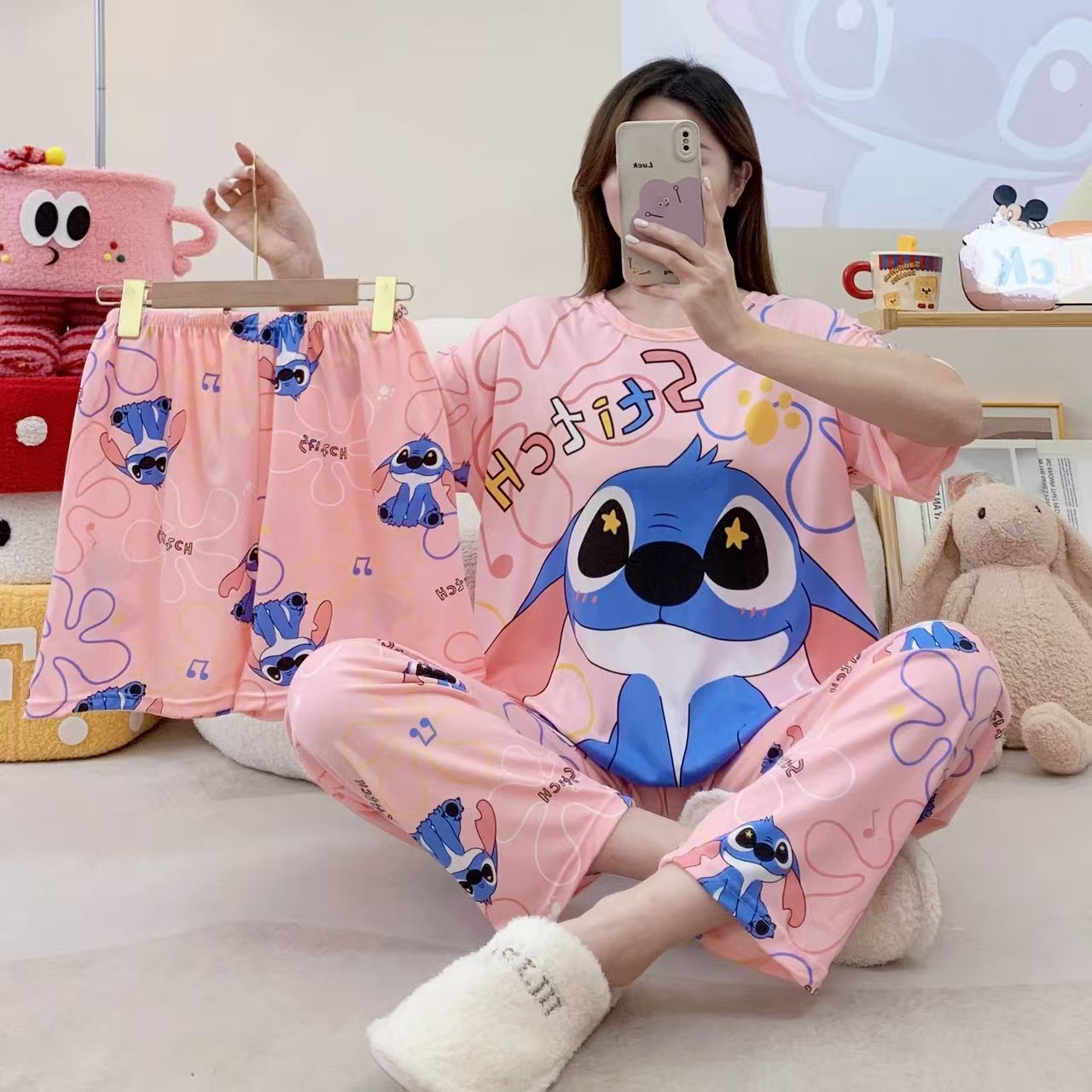 Pijamas de verano transfronterizos pijamas de leche de seda de tres piezas set de dibujos animados comercio exterior ropa para el hogar pantalones de mangas cortas lindos