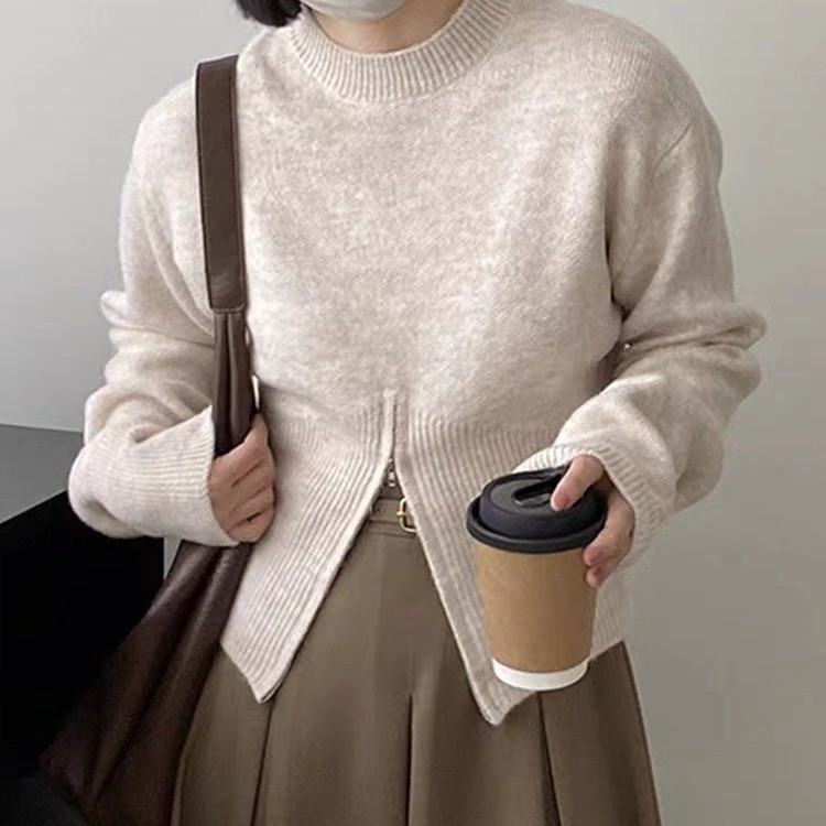 Women's Pullover Round Neck Split Hem French Style Autumn Winter_voghion.com
