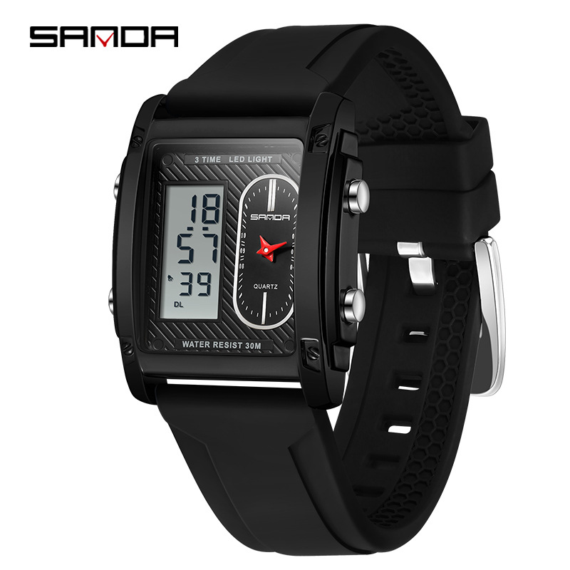 SANDA transfronterizo explosivo cuadrado hombre reloj electrónico de cuarzo impermeable moda multifunción doble pantalla reloj electrónico
