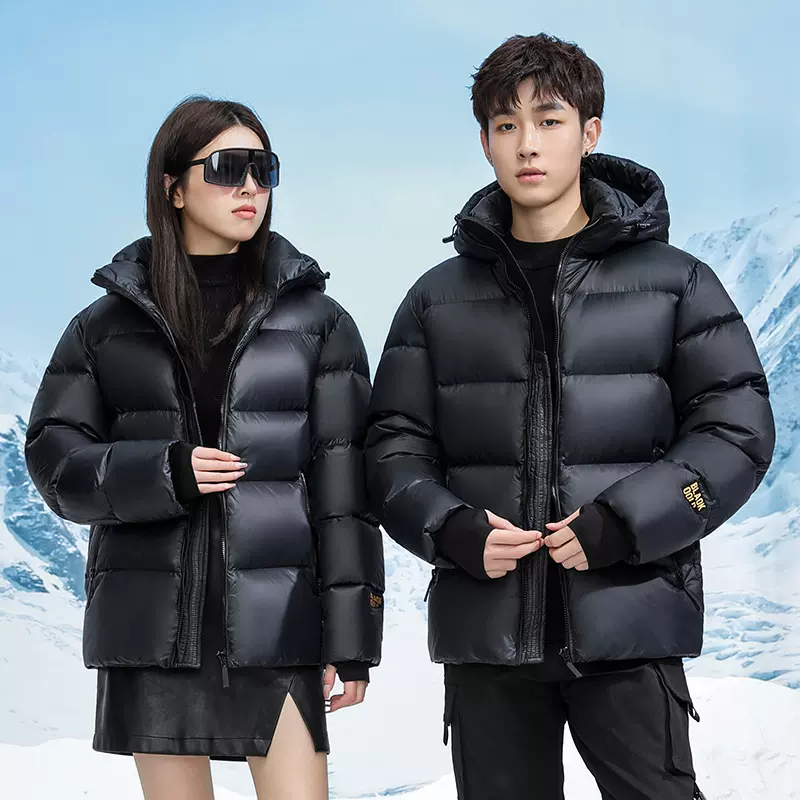 跨境新款冬季黑色金标羽绒服短款连帽男女同款高端羽绒服情侣代发