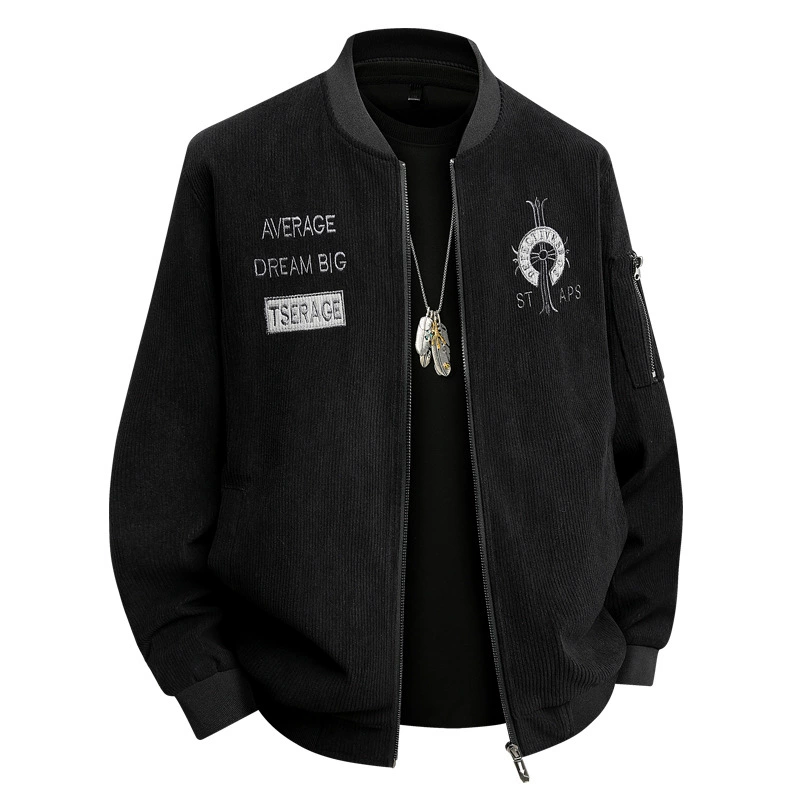 Весенняя и осенняя гавань модная мужская мода с вышитым бейсбольным воротником куртка жирный большой размер плюс жир свободный вельвет повседневная куртка