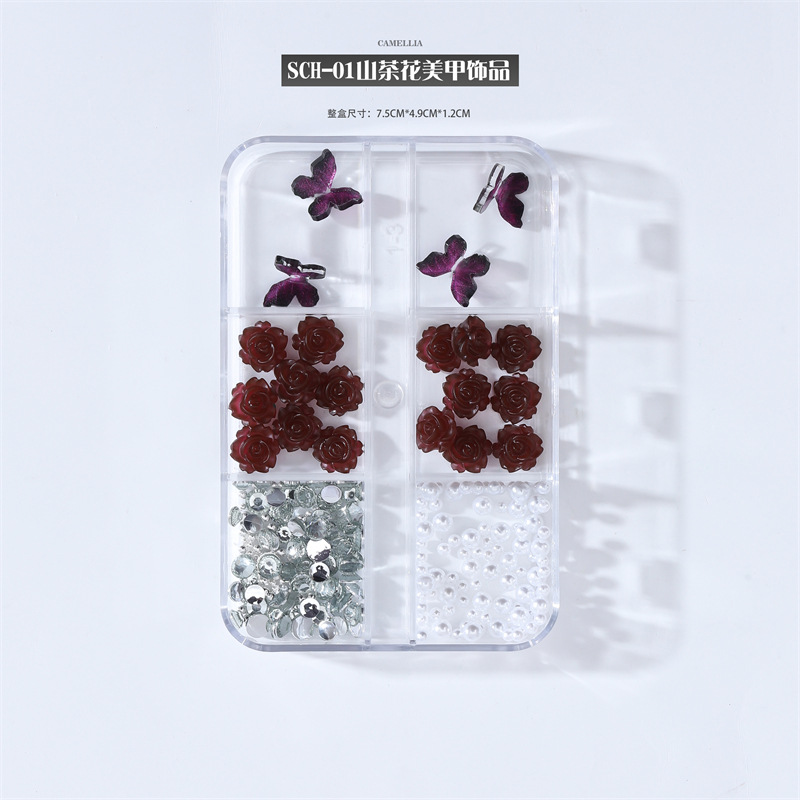 Caliente chica rojo Camelia uñas joyería Pequeño Libro Rojo caliente paquete de material ratán coral mariposa decoraciones uñas