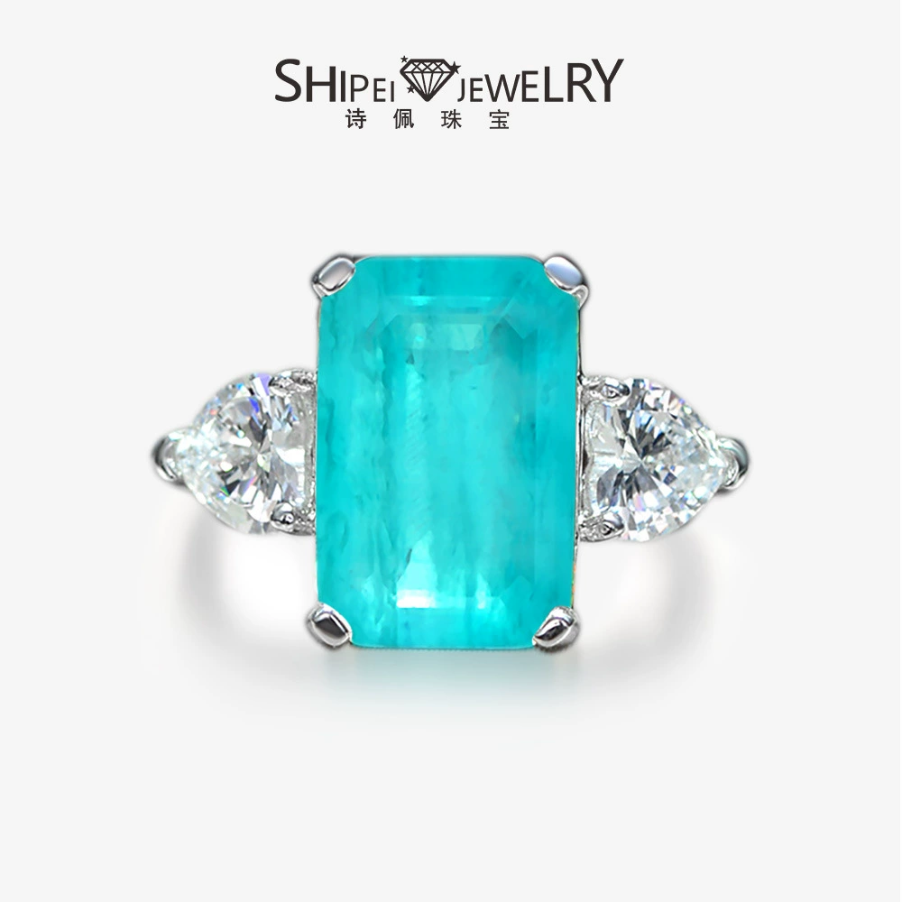 Shipei Jewelry 925 Серебро 5 карат Синтетический Параиба Прямоугольный 8*12 Высокоуглеродистое кольцо с бриллиантом Женский Заводской магазин