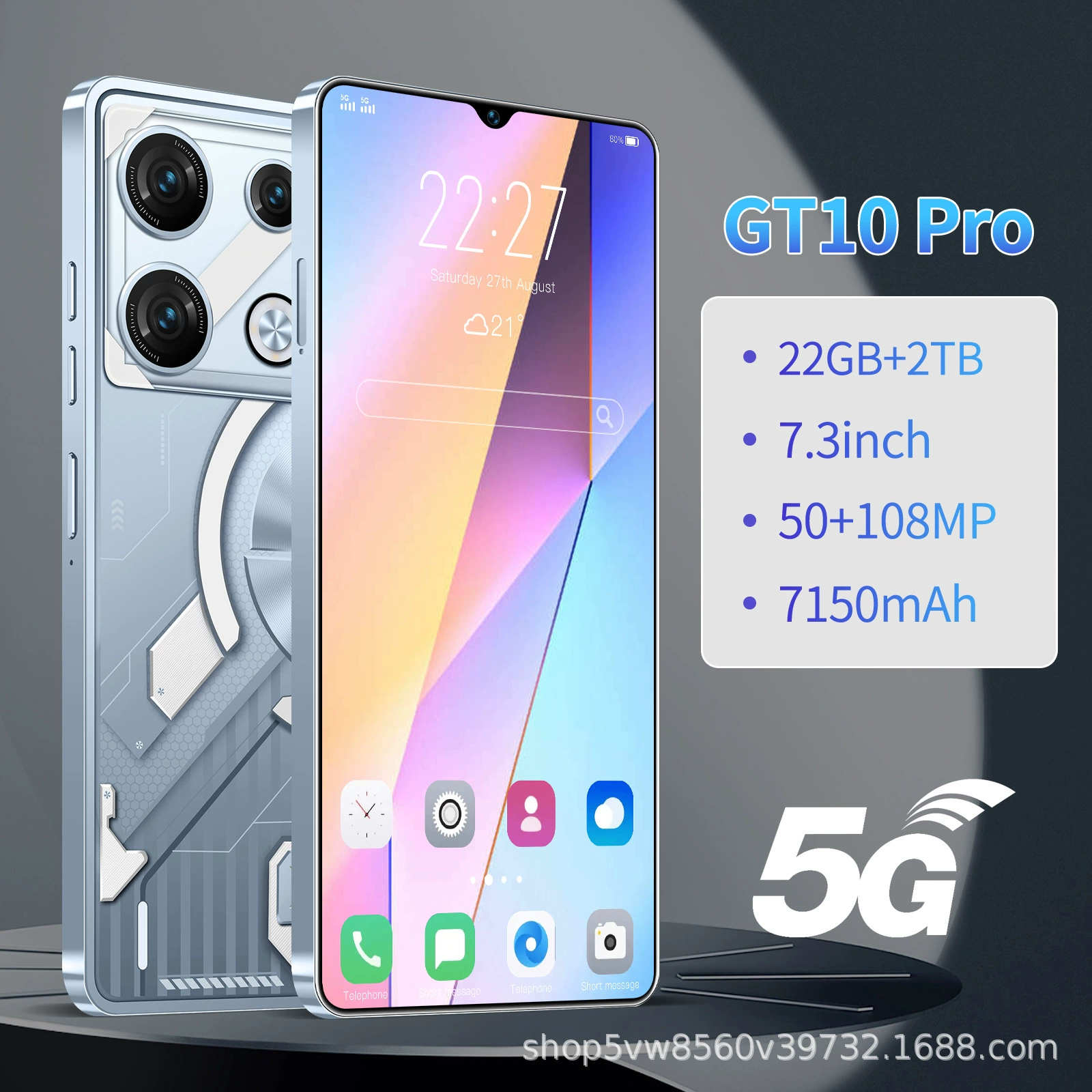 Смартфон GT10 Pro, 22 ГБ + 2 ТБ, 7.3" AMOLED, 5G, 7150 мАч, дуплекс SIM в режиме ожидания