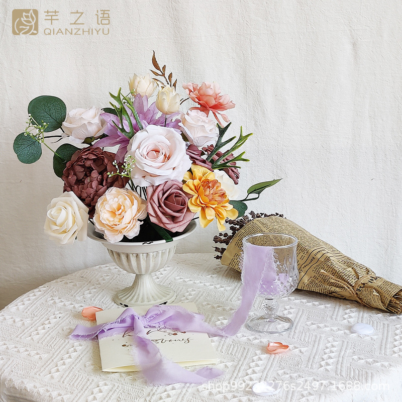 跨境出口手工制品玫瑰仿真绢花花盒婚礼庆典DIY手捧花篮礼盒插花