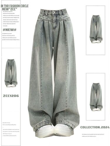 American retro high street light-colored jeans for women's summer thin high-waist loose straight large-size wide-leg mop pants