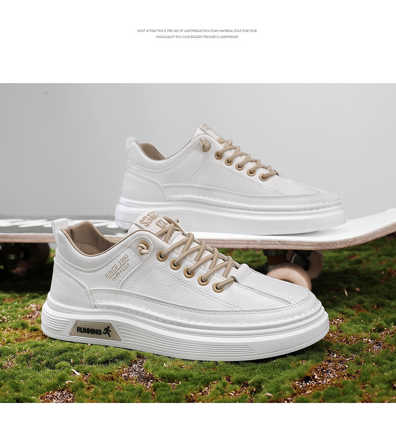 Vyriški bateliai „Board“, balti, skirti studentams, 2024 m. rudens nauji žemi plokščiapadžiai vyriški batai, odiniai sportiniai ir laisvalaikio madingi batai._voghion.com