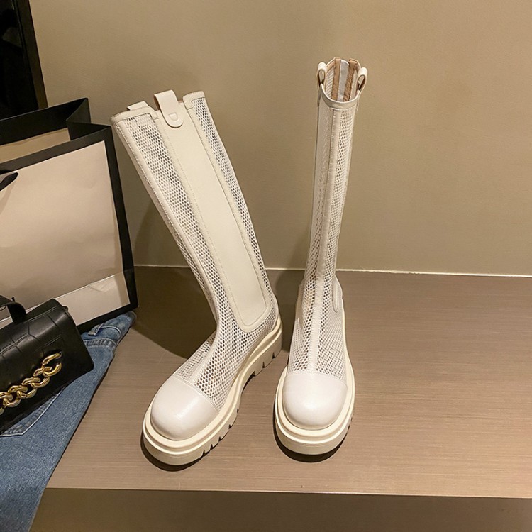 Boot lưới nữ da bò cổ cao thoáng khí mùa hè, đế dày, ống rộng cho chân to — Màu nâu ống lớn, Màu đen cổ ống lớn, Ống nhỏ màu đen, Chu vi ống lớn màu trắng be chi tiết 9