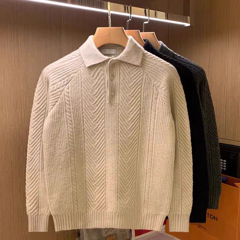 Herrenbekleidung Retro Minimalistischer Jacquard Textur Revers Pullover Top Einfarbig Schmaler Pullover für Herren_voghion.com