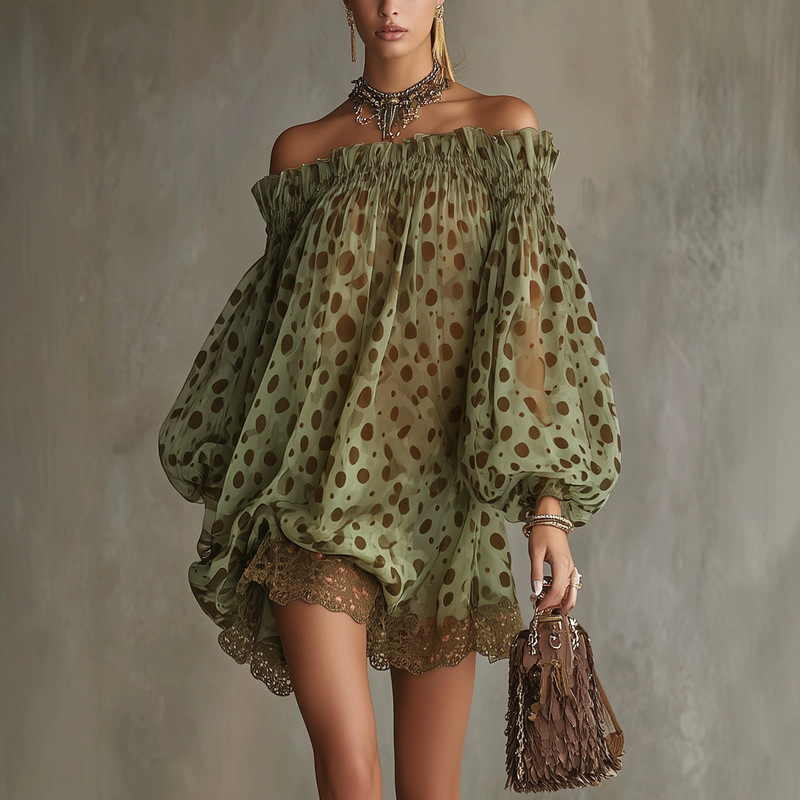 2026 European and American Cross-Border Independent Website Summer New Style Off-Shoulder Polka Dot Chiffon Puff Sleeve Dress Seaside Resort Style 2026 European and American Cross-Border Independent Website Summer New Style Off-Shoulder Polka Dot Chiffon Puff Sleeve Dress Seaside Resort Style