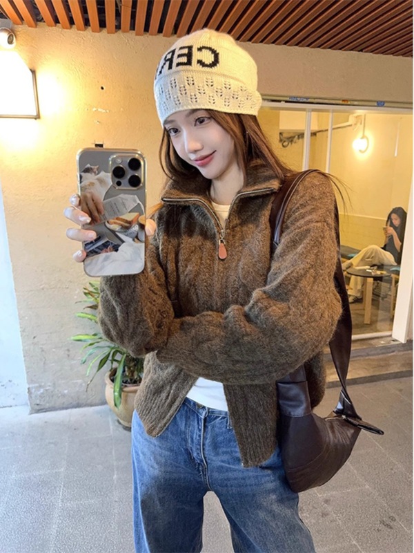 美拉德高领双拉链毛衣开衫女秋冬宽松慵懒风小众加厚麻花针织外套|undefined