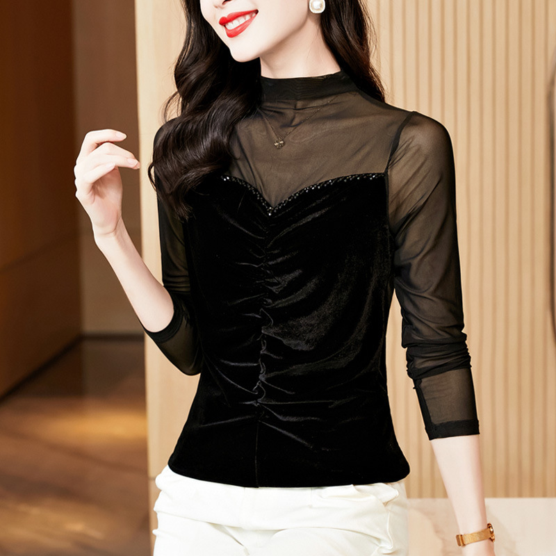 2023 가을과 겨울 새로운 외국 스타일 조커 블랙 하이 칼라 페르시 메쉬 스티치 벨벳 긴 소매 바닥 셔츠 여성 도매