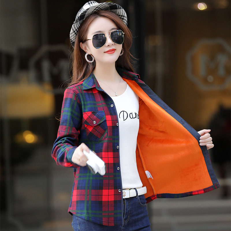 Winter New Women's Clothing Stretch fleece-lined Plaid Shirt Women's Long-sleeved Korean Style plus size Thickened Warm One-piece Velvet Top