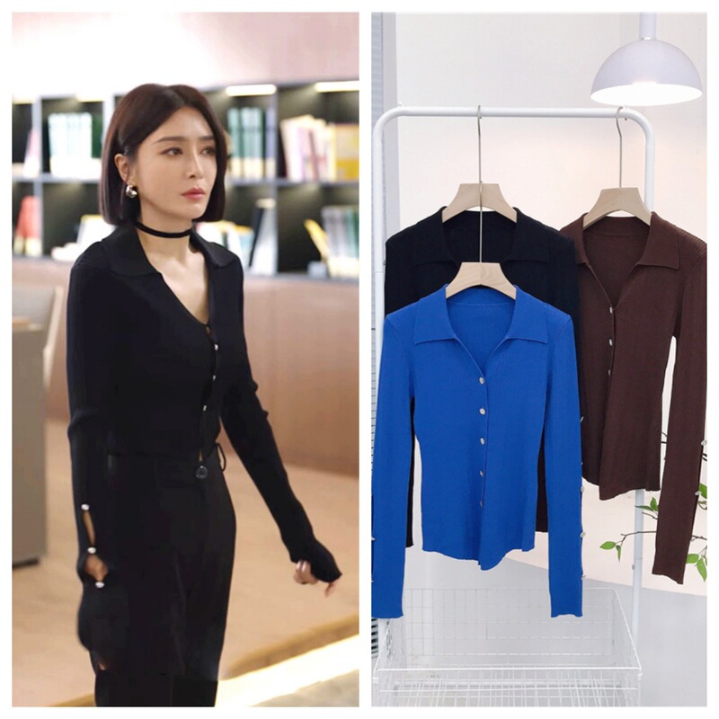 7833 Shining Star Qin Lan Guan Wen's Celebrity-Inspired Black Knitted Cardigan Autumn V-Neck Buttoned Beaded Top