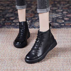 Leather Short Boots for Women, Top-Grain Cowhide Flat Martin Boots 2021 Autumn/Winter Soft Sole Soft Face Low-Tube High-Collar Leather Shoes Single Boot