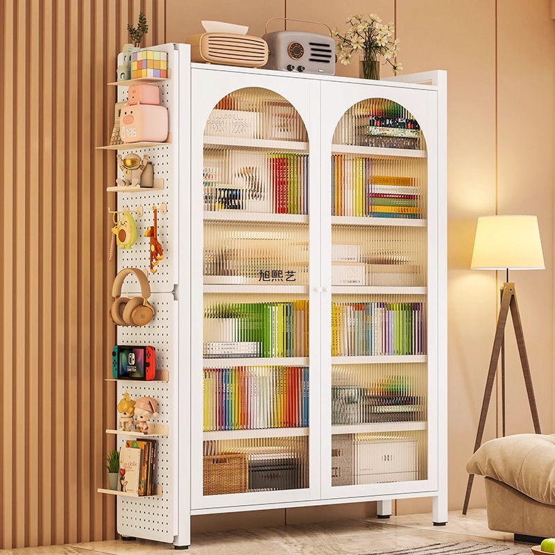 Household Steel Bookcase Multi-Layer Floor-Standing Children's Storage Rack Living Room Dust-Proof Storage Locker with Door Iron Bookshelf