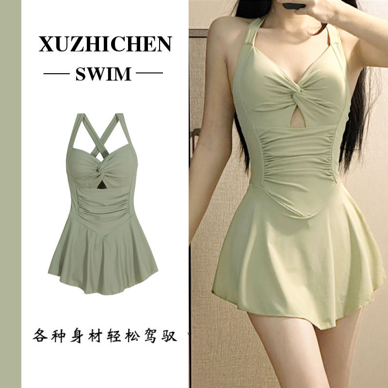 Swimsuit for Women 2025 New Style Conservative Slimming Look One-Piece Skirt Style Large and Small Breasts Push-Up Hot Spring Avocado Green Swimsuit