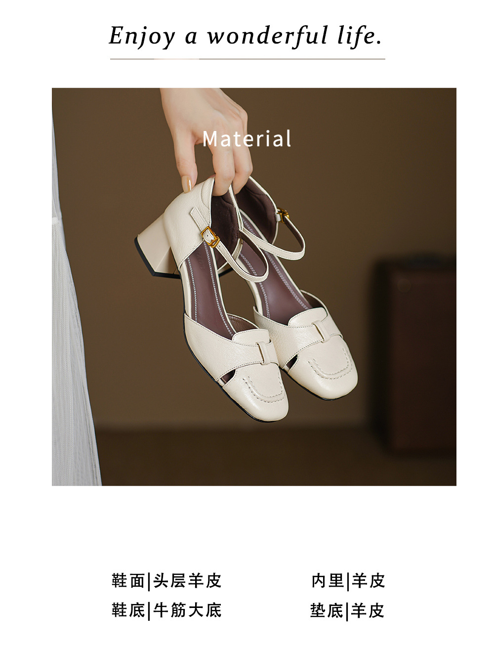 Sandal nữ da dê chạm trổ hoa văn, gót vuông 4,5 cm, mũi vuông hở mũi — đen chi tiết 4