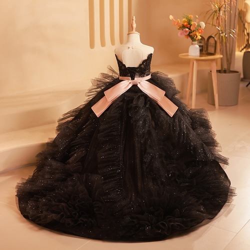Children's Black High-end Heavy Work Tulle Train Dress for 6th International Children's Day, Child Fashion Show Host, Stylish Piano Performance Costume
