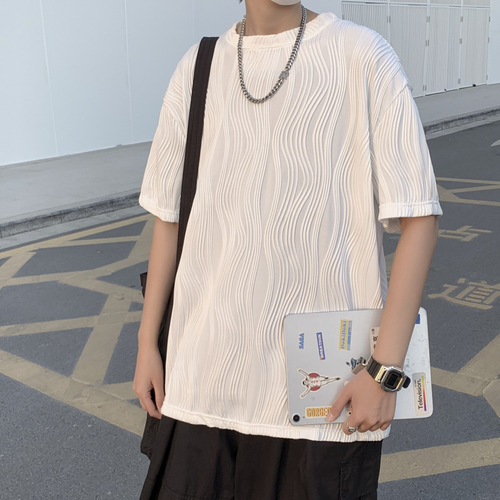 Men's Summer Loose Fit Flowing Ice Silk Striped T-Shirt with 5-Button Sleeve - Trendy Top for Casual Wear and Personal Style