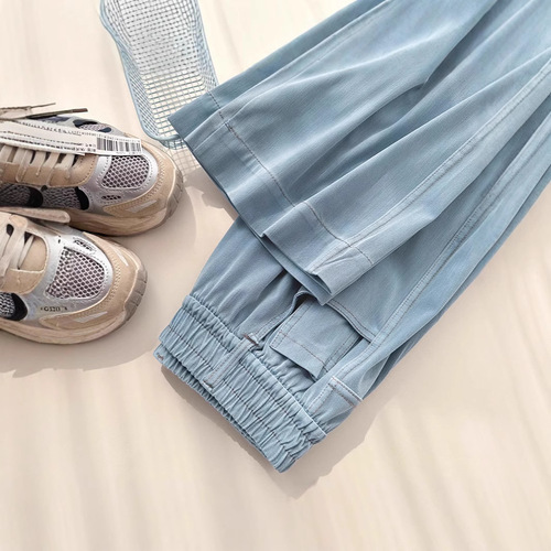Tennis jeans for women in spring and summer thin Korean new high-waist slimming straight wide-leg ice silk draped casual pants