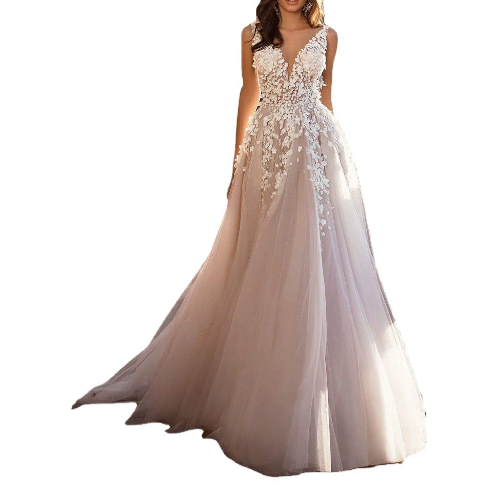 2025 трансграничное лето новый европейский и американский женский сексуальный кружевное платье без рукавов с глубоким V-образным вырезом свадебное платье с вышивкой