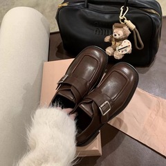 羊皮版~miu風方頭真皮粗跟小皮鞋女一腳蹬懶人厚底樂福鞋英倫單鞋