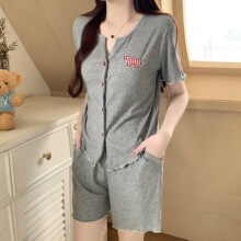 莫代尔#双裤袋#固定胸垫#睡衣女夏格子小狗休闲短袖套头两件套女