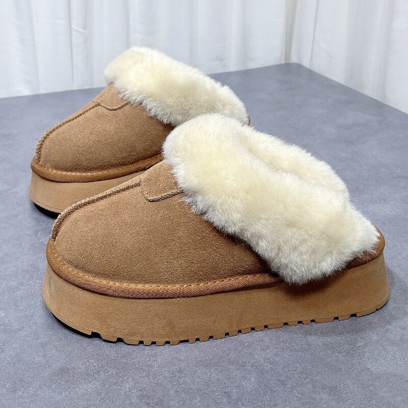 Thick-Soled Snow Boots for Women, Autumn and Winter Platform Slippers, Toe-Toe Heightening Furry Slippers, Thickeneded and Velvet High-Bottom Cotton Shoes