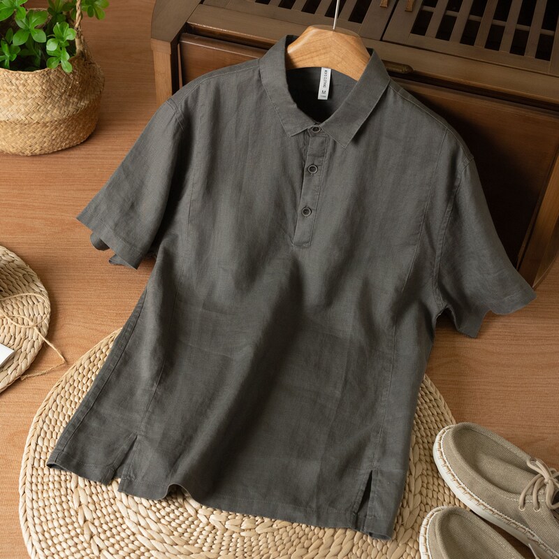 Summer Linen Short-Sleeved Shirt for Men, Light and Breathable, Simple Thin T-Shirt Top, Linen Gray, Sapphire Blue, White