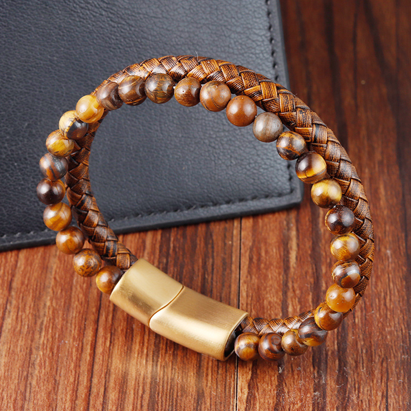 1 Piece Quantity Vintage Style 316L Stainless Steel Pu Leather Geometric Woven Chain Men Cord & Leather Bracelets