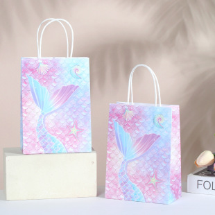 Cross-Border Spot Gradient Mermaid Tail Party Gift Packaging Bag Colorful Printed Cartoon Kraft Paper Handbag