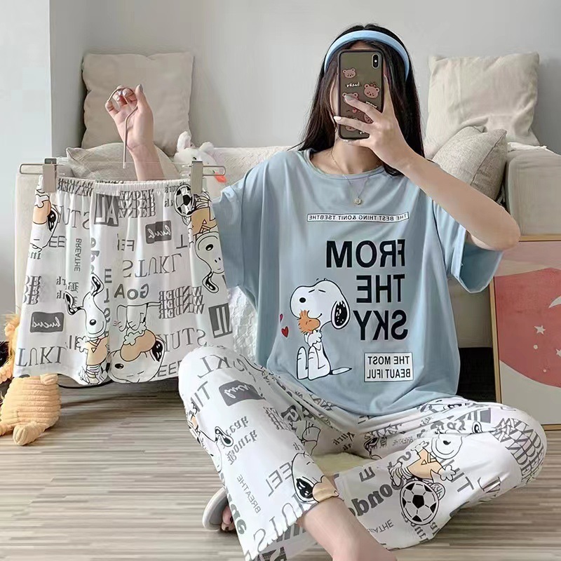 [conjunto de tres piezas] pijamas de mujer nuevo cuello redondo de verano manga corta ropa casera casual pantalones cortos sueltos set