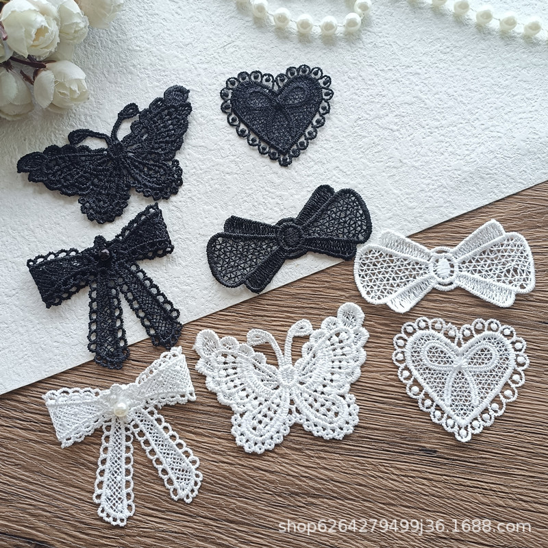 黑色白色钉珠蝴蝶结爱心蝴蝶蕾丝布贴 手工diy发饰装饰材料F365