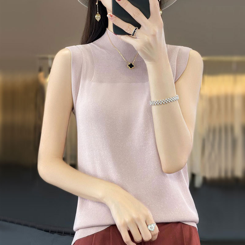 Summer New Style Imitation Wool Half Turtleneck Organza Square Cut Out Sleeveless Vest Suspender Bottoming Shirt Top