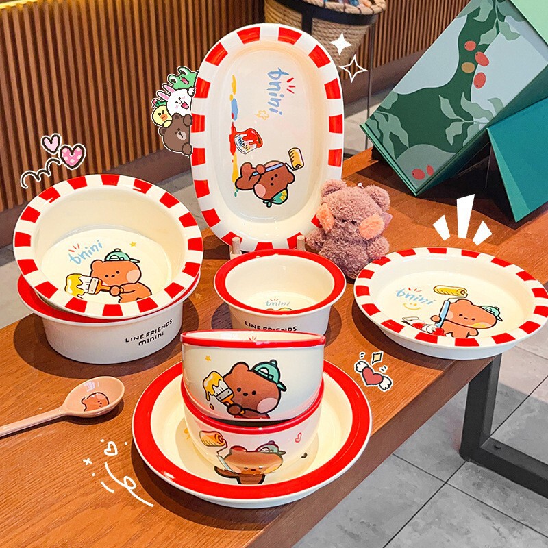 Minini Brown Bear Rice Bowl Ceramic Tableware Set Household Cartoon Cute Wide-Rimmed Dinner Plate Large Capacity Soup Bowl Minini Brown Bear Rice Bowl Ceramic Tableware Set Household Cartoon Cute Wide-Rimmed Dinner Plate Large Capacity Soup Bowl