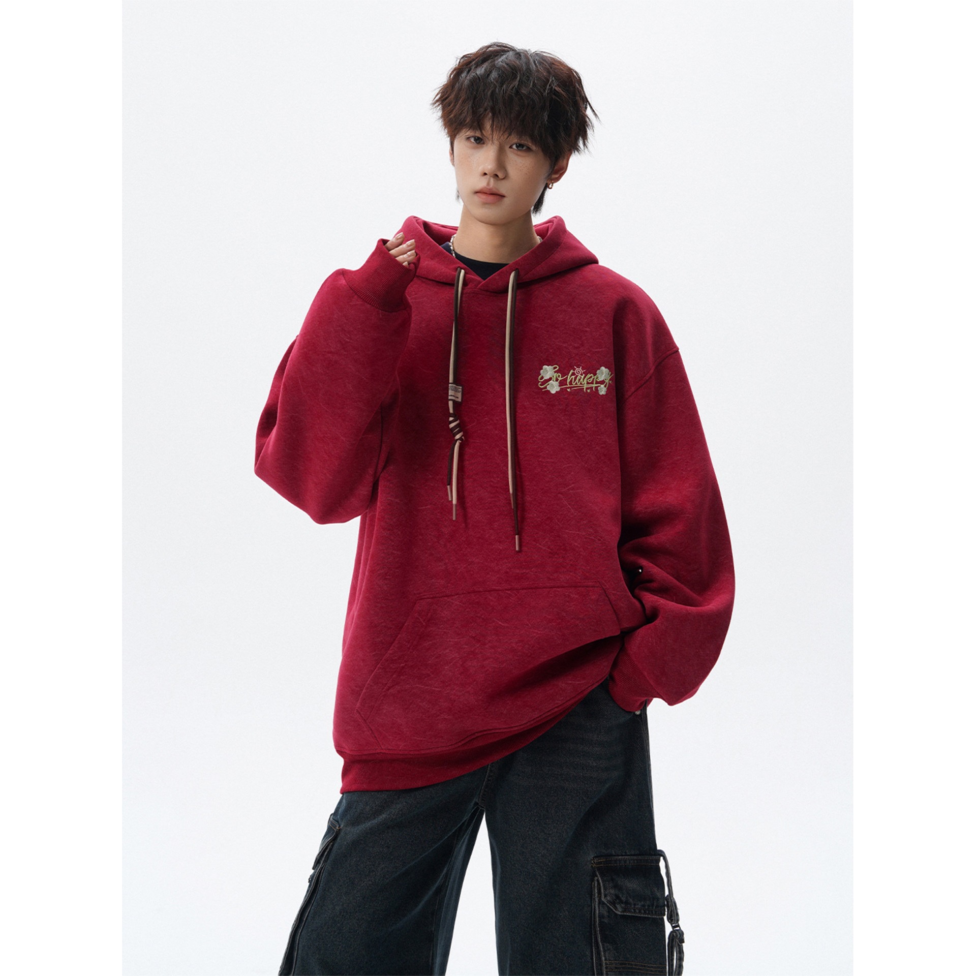 American-style heavyweight floral sand-washed embroidered hooded sweatshirt, men's autumn retro loose-fit casual hoodie, couple's style outerwear