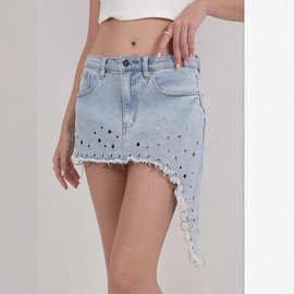 现货欧美跨境女装时尚性感牛仔短裙破洞不规则斜边半身裙工厂批发