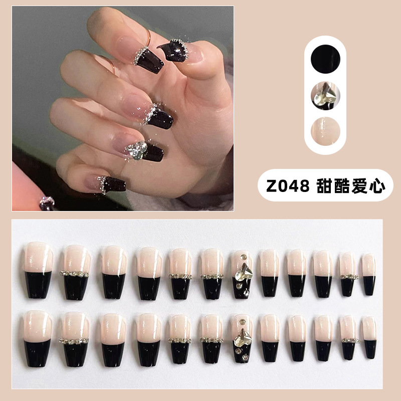 Strictly Choose Black French Long Wearing Armor Rhinestone Chain Sweet Cool Love Nail Art Removable Fake Nail Finished Products